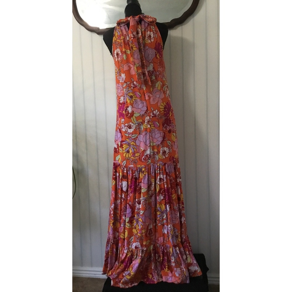 Vince Camuto Halter Neck Dress Maxi Tiered S VTG Y2K Boho Vibrant Festival Hippi - Picture 5 of 11